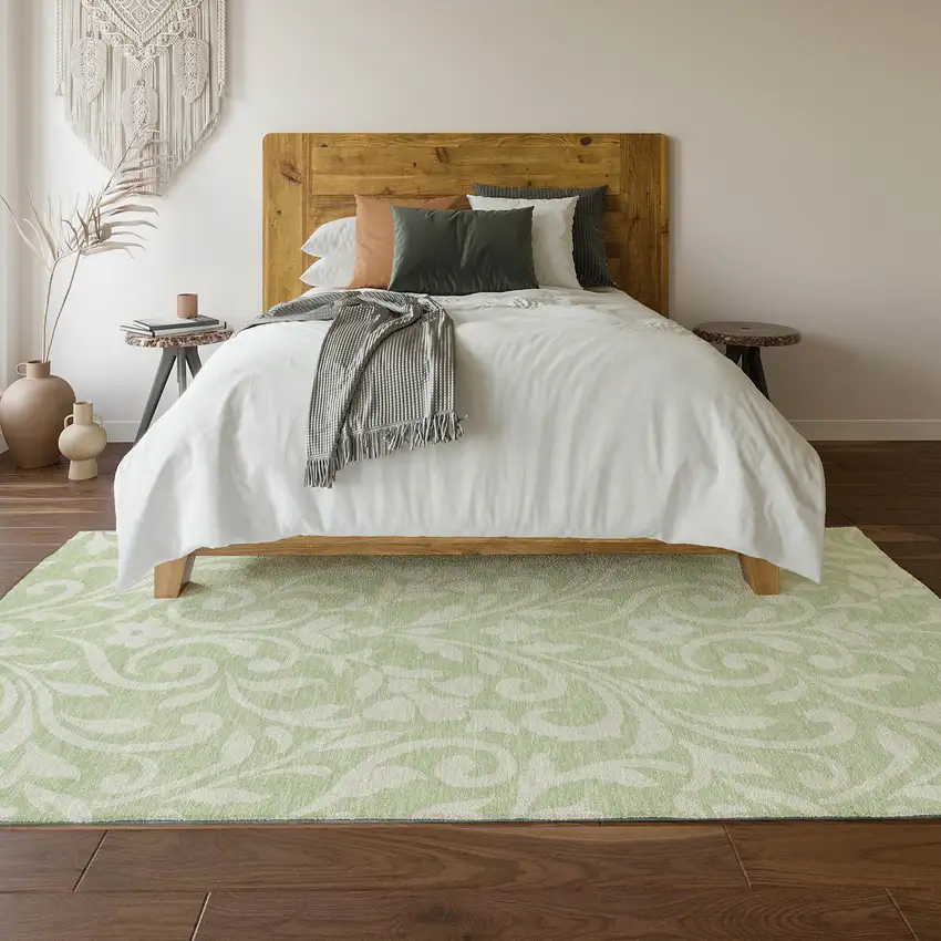 Artichoke Green And Ivory Floral Washable Area Rug With UV Protection Photo 6