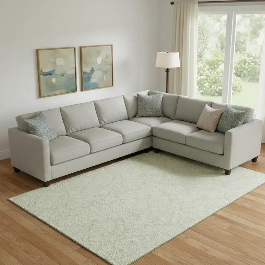 Artichoke Green And Ivory Floral Washable Area Rug With UV Protection Photo 1