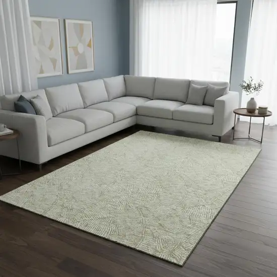 Artichoke Green And Ivory Floral Washable Area Rug With UV Protection Photo 2