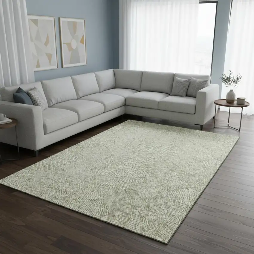 Artichoke Green And Ivory Floral Washable Area Rug With UV Protection Photo 2