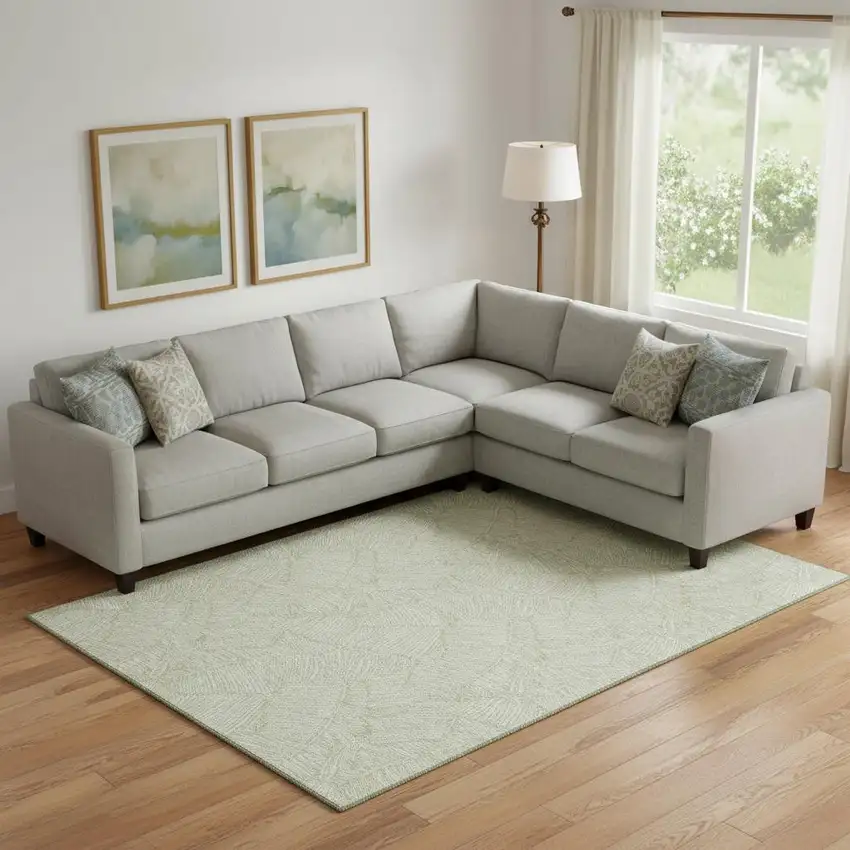 Artichoke Green And Ivory Floral Washable Area Rug With UV Protection Photo 1