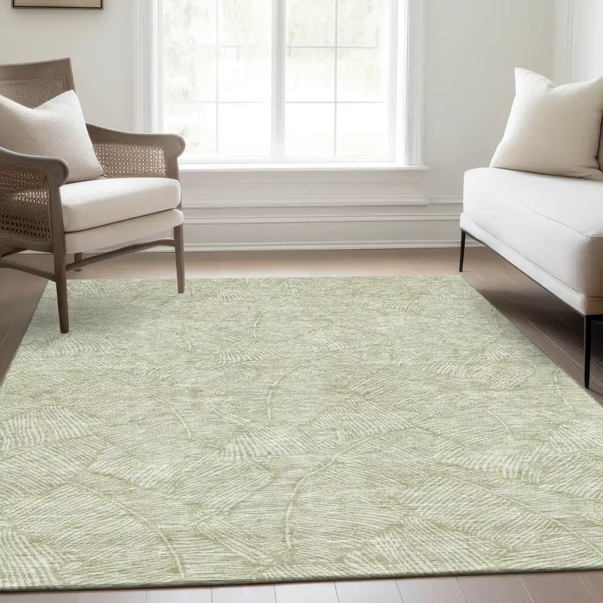 Artichoke Green And Ivory Floral Washable Area Rug With UV Protection Photo 6