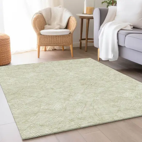 Artichoke Green And Ivory Floral Washable Area Rug With UV Protection Photo 5