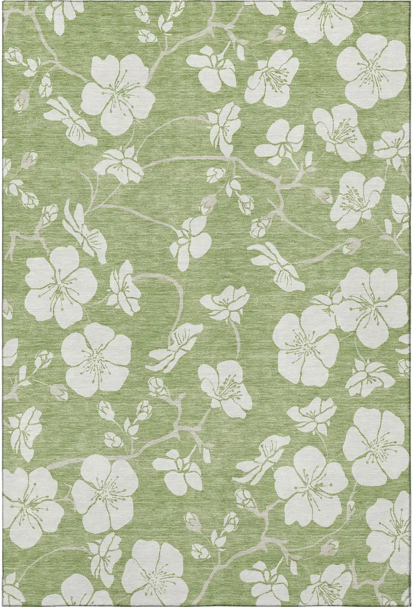 Artichoke Green And Ivory Floral Washable Area Rug With UV Protection Photo 3