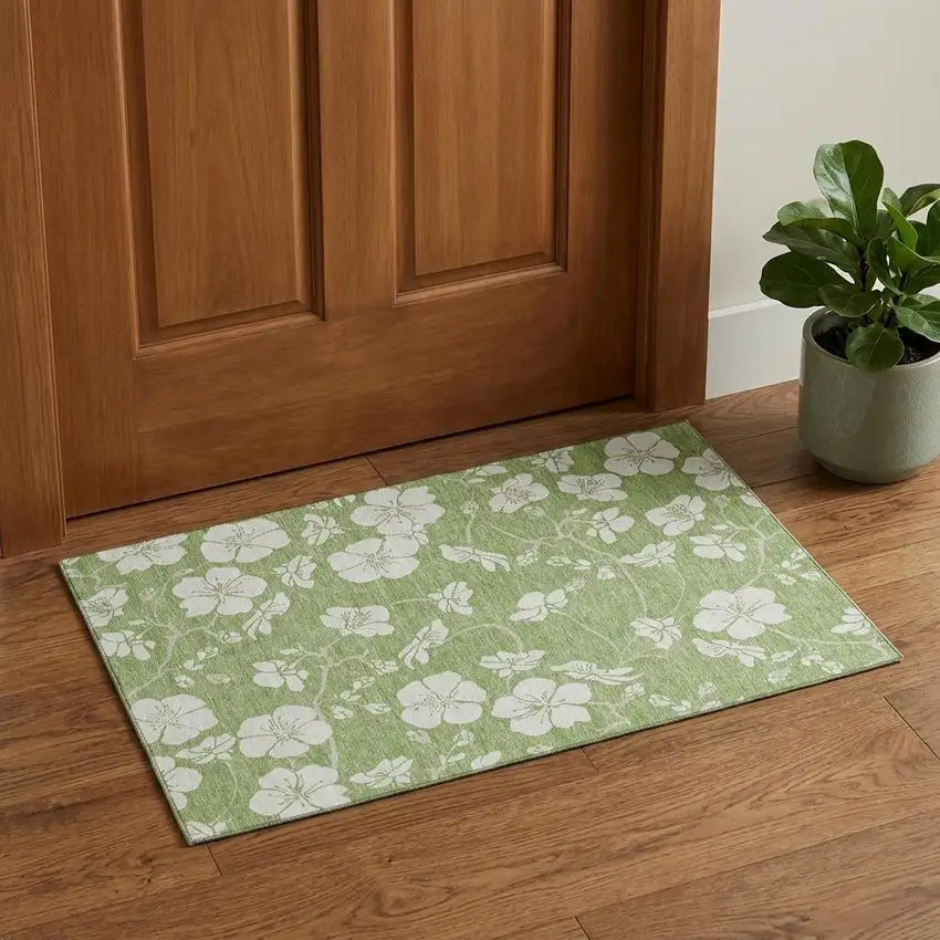Artichoke Green And Ivory Floral Washable Area Rug With UV Protection Photo 1