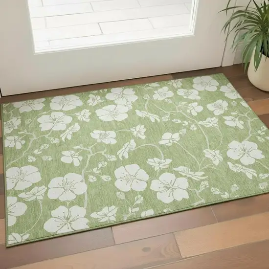 Artichoke Green And Ivory Floral Washable Area Rug With UV Protection Photo 2