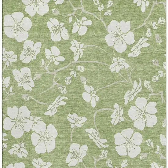 Artichoke Green And Ivory Floral Washable Area Rug With UV Protection Photo 2
