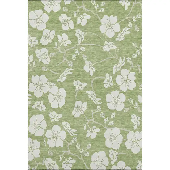 Artichoke Green And Ivory Floral Washable Area Rug With UV Protection Photo 1