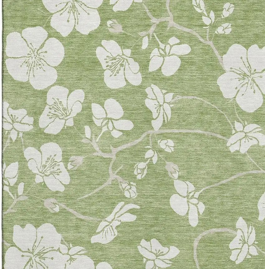 Artichoke Green And Ivory Floral Washable Area Rug With UV Protection Photo 2
