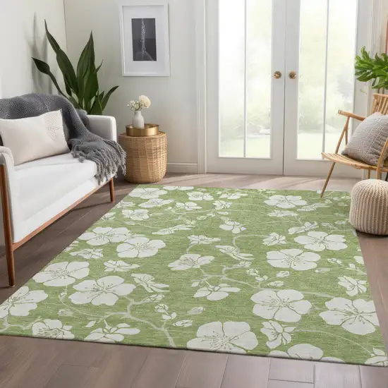 Artichoke Green And Ivory Floral Washable Area Rug With UV Protection Photo 5