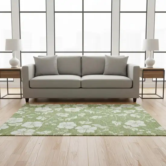 Artichoke Green And Ivory Floral Washable Area Rug With UV Protection Photo 2