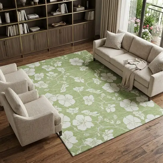 Artichoke Green And Ivory Floral Washable Area Rug With UV Protection Photo 1