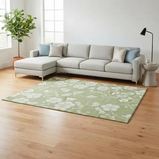 Artichoke Green And Ivory Floral Washable Area Rug With UV Protection Photo 2