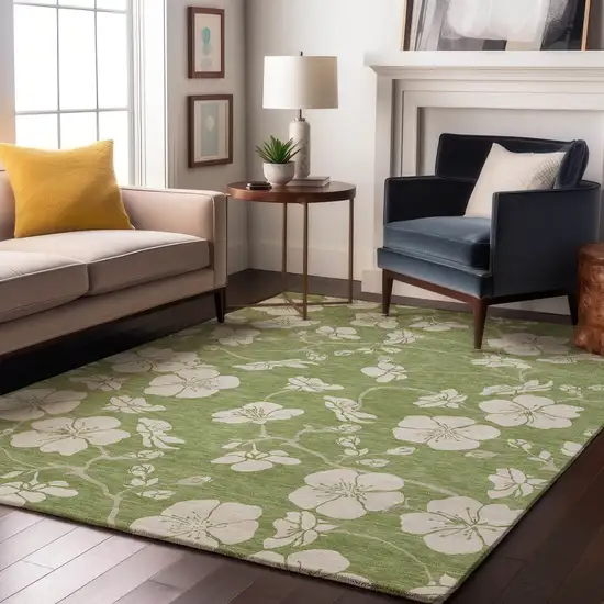 Artichoke Green And Ivory Floral Washable Area Rug With UV Protection Photo 4
