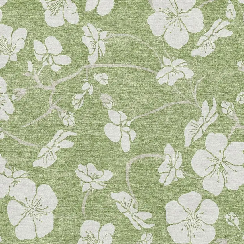 Artichoke Green And Ivory Floral Washable Area Rug With UV Protection Photo 2
