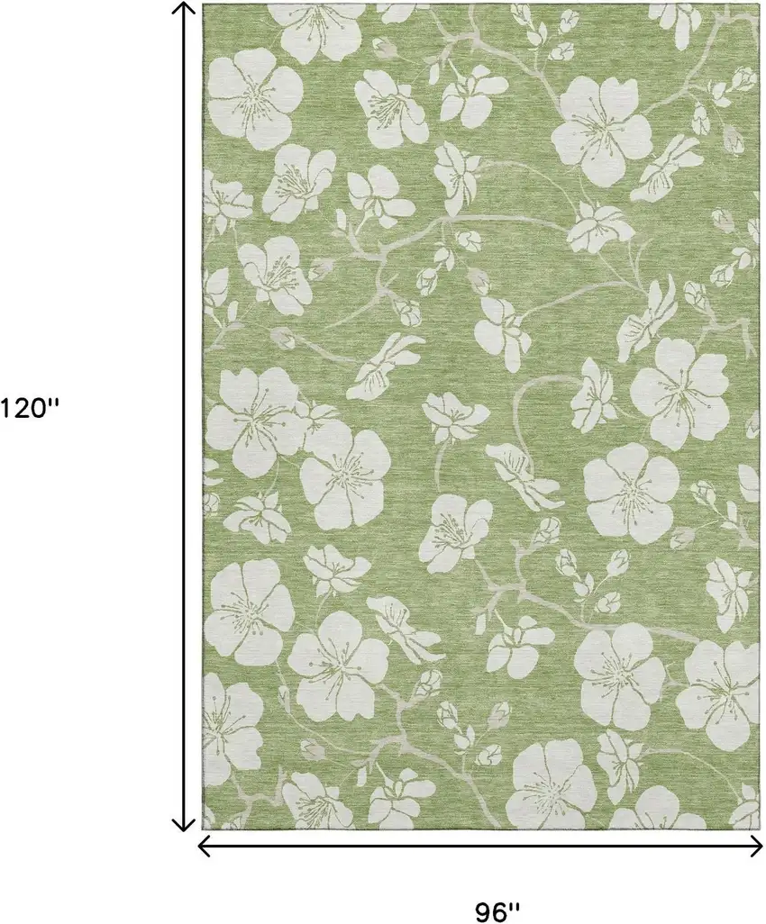 Artichoke Green And Ivory Floral Washable Area Rug With UV Protection Photo 8