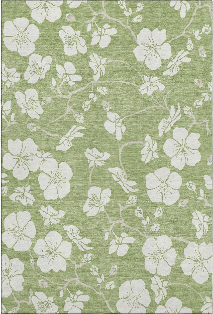 Artichoke Green And Ivory Floral Washable Area Rug With UV Protection Photo 1