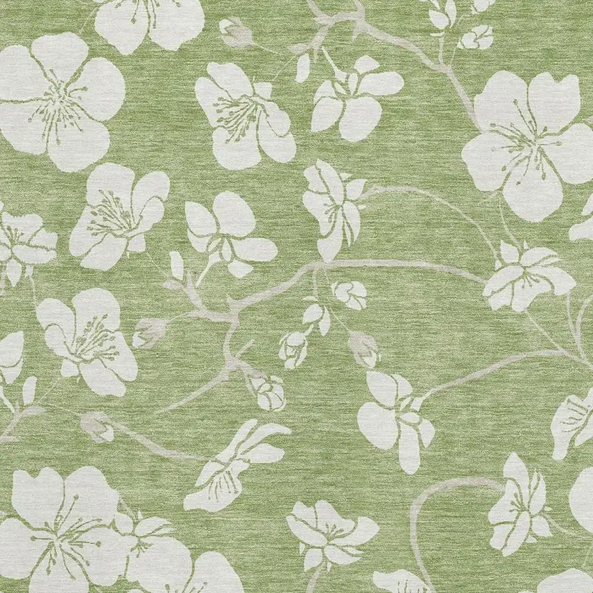 Artichoke Green And Ivory Floral Washable Area Rug With UV Protection Photo 2