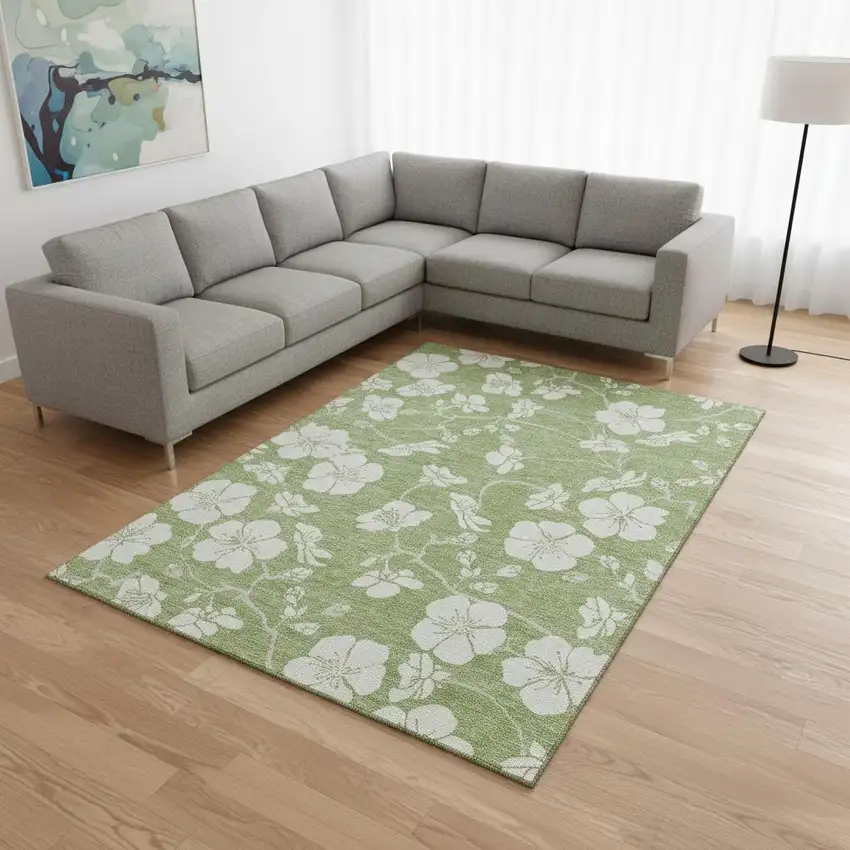 Artichoke Green And Ivory Floral Washable Area Rug With UV Protection Photo 2