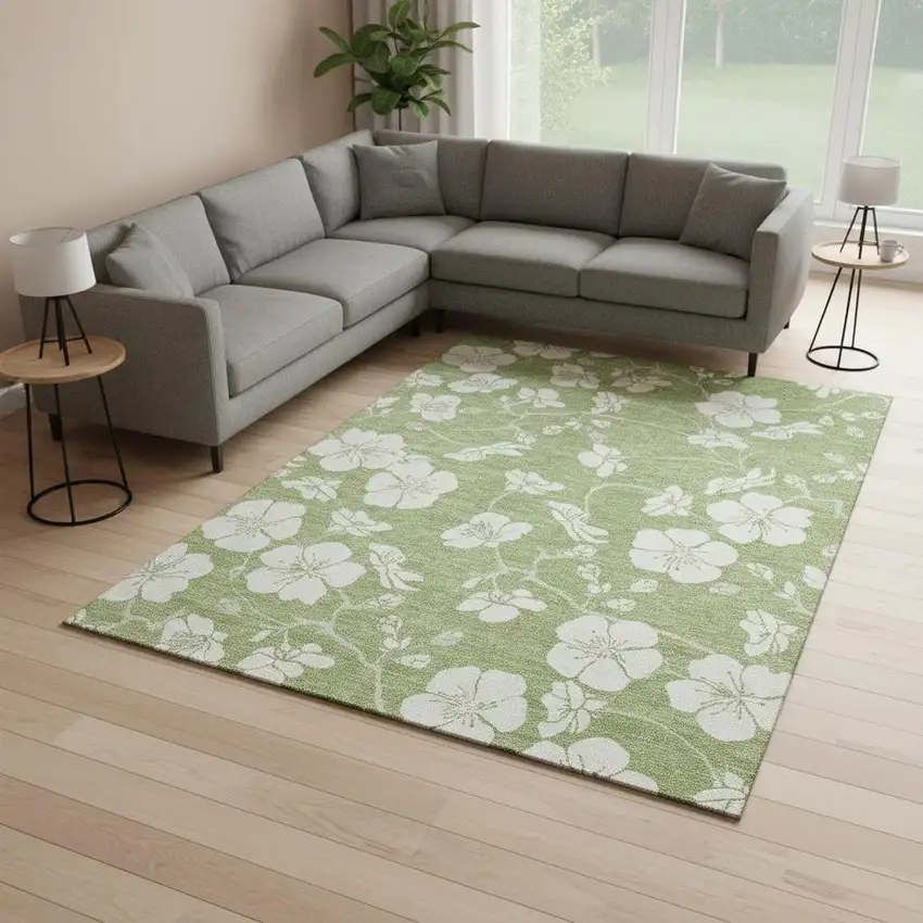 Artichoke Green And Ivory Floral Washable Area Rug With UV Protection Photo 2