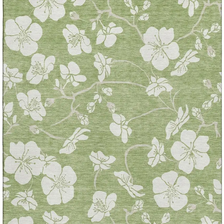 Artichoke Green And Ivory Floral Washable Area Rug With UV Protection Photo 2