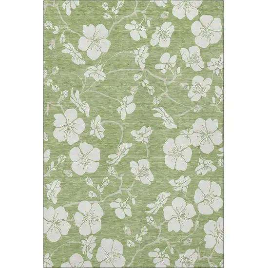 Artichoke Green And Ivory Floral Washable Area Rug With UV Protection Photo 3