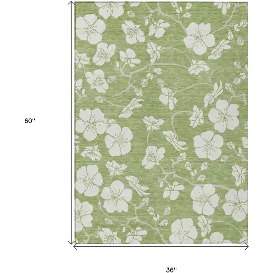Artichoke Green And Ivory Floral Washable Indoor Outdoor Area Rug Photo 3