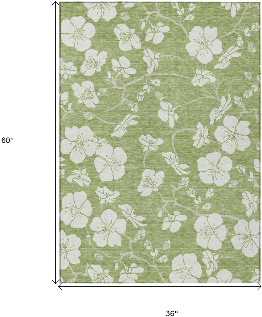 Artichoke Green And Ivory Floral Washable Indoor Outdoor Area Rug Photo 3