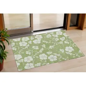 Photo of Artichoke Green And Ivory Floral Washable Indoor Outdoor Area Rug