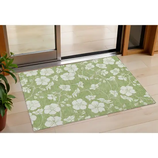 Artichoke Green And Ivory Floral Washable Indoor Outdoor Area Rug Photo 1