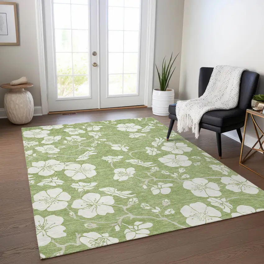Artichoke Green And Ivory Floral Washable Indoor Outdoor Area Rug Photo 9