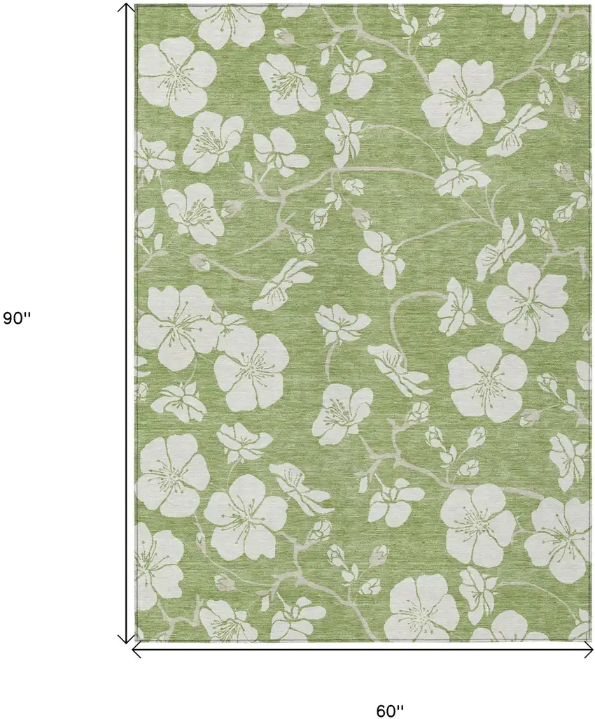 Artichoke Green And Ivory Floral Washable Indoor Outdoor Area Rug Photo 3