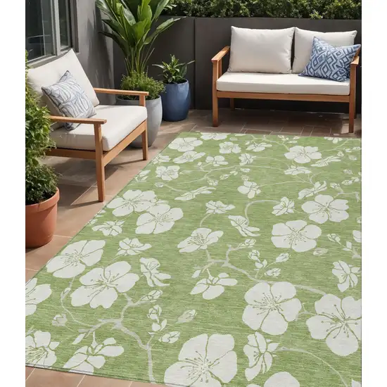 Artichoke Green And Ivory Floral Washable Indoor Outdoor Area Rug Photo 1