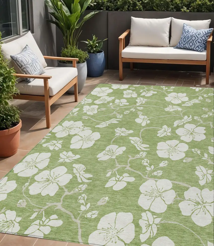 Artichoke Green And Ivory Floral Washable Indoor Outdoor Area Rug Photo 1