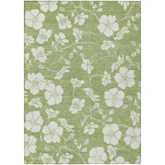 Artichoke Green And Ivory Floral Washable Indoor Outdoor Area Rug Photo 2