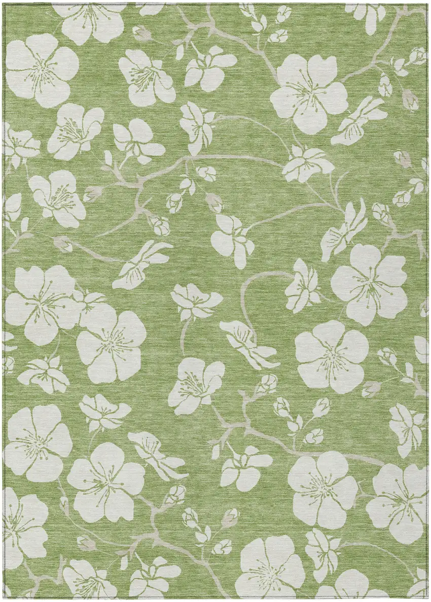 Artichoke Green And Ivory Floral Washable Indoor Outdoor Area Rug Photo 2