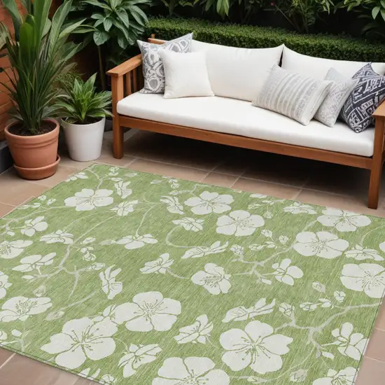 Artichoke Green And Ivory Floral Washable Indoor Outdoor Area Rug Photo 1
