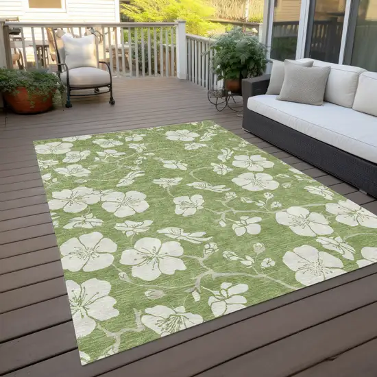 Artichoke Green And Ivory Floral Washable Indoor Outdoor Area Rug Photo 9