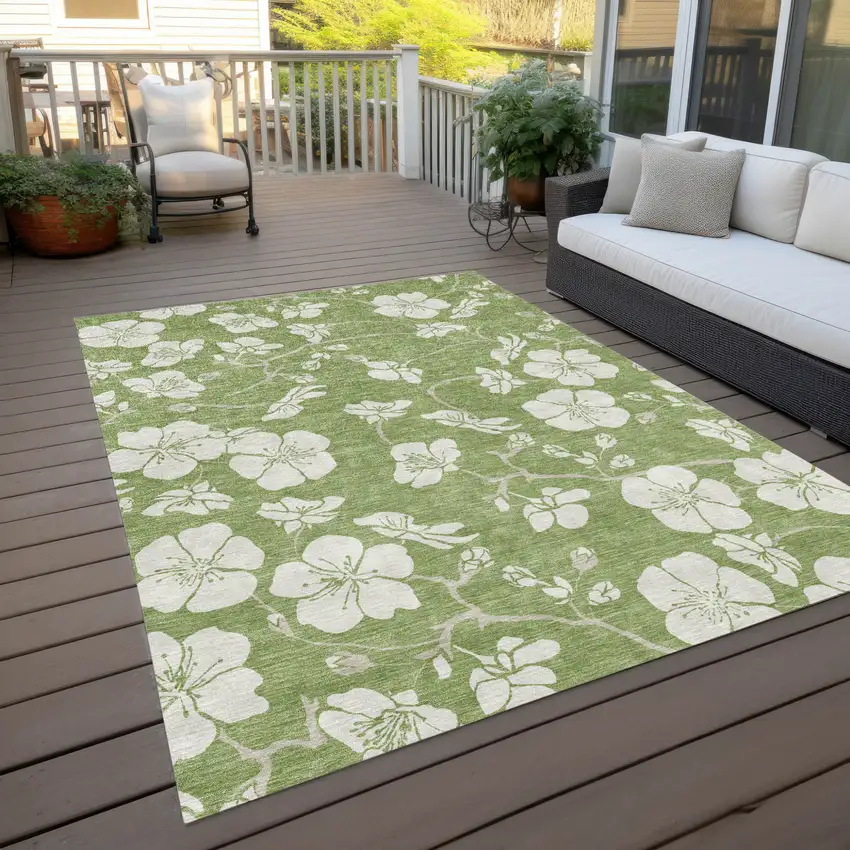 Artichoke Green And Ivory Floral Washable Indoor Outdoor Area Rug Photo 9