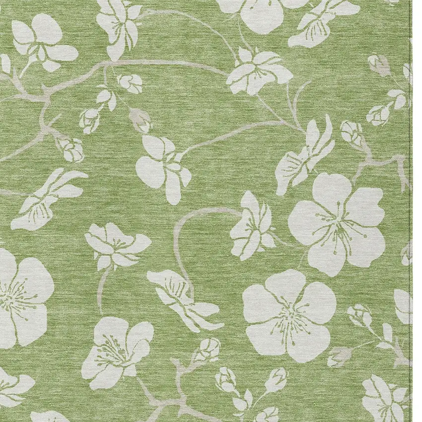 Artichoke Green And Ivory Floral Washable Indoor Outdoor Area Rug Photo 7