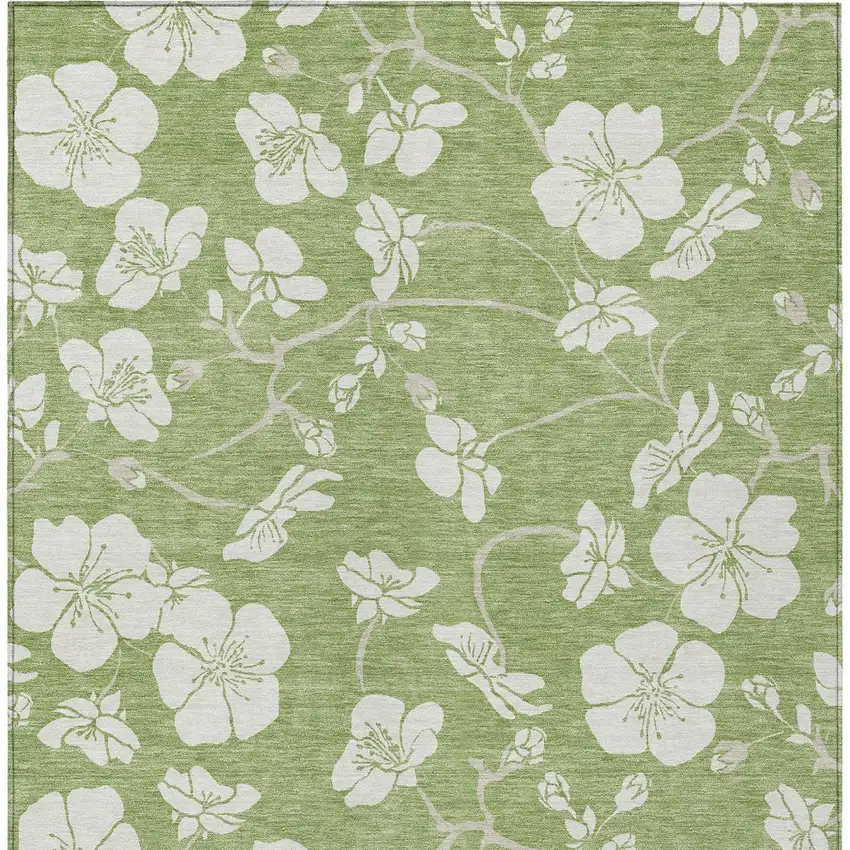 Artichoke Green And Ivory Floral Washable Indoor Outdoor Area Rug Photo 8