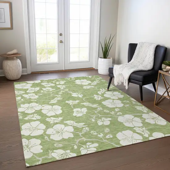 Artichoke Green And Ivory Floral Washable Indoor Outdoor Area Rug Photo 9
