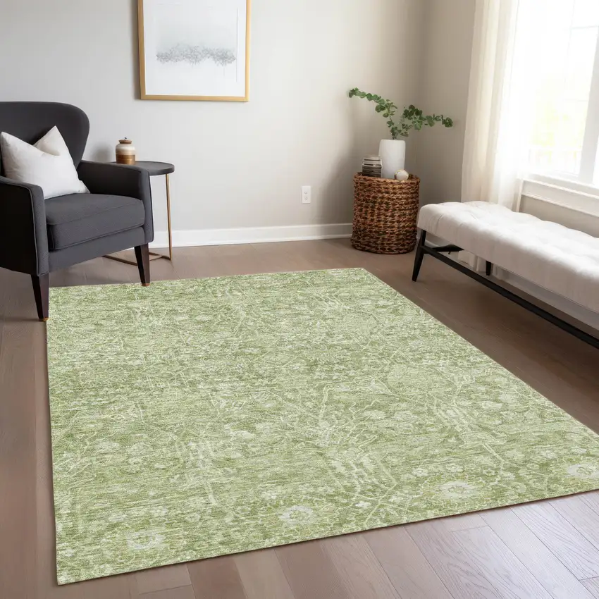 Artichoke Green And Ivory Floral Washable Indoor Outdoor Area Rug Photo 9