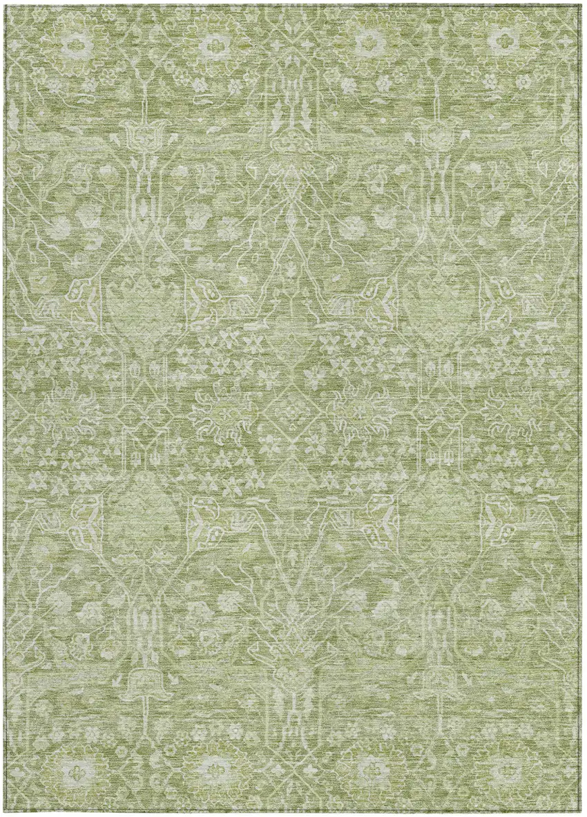 Artichoke Green And Ivory Floral Washable Indoor Outdoor Area Rug Photo 6