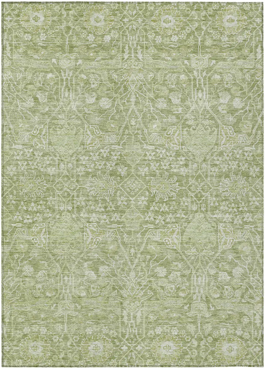 Artichoke Green And Ivory Floral Washable Indoor Outdoor Area Rug Photo 2