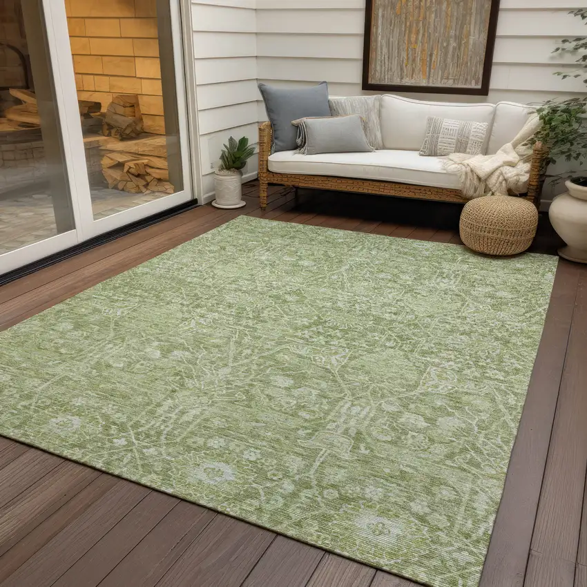 Artichoke Green And Ivory Floral Washable Indoor Outdoor Area Rug Photo 7
