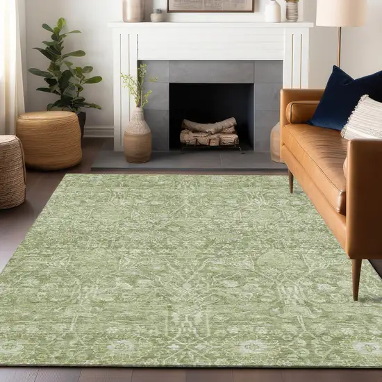 Artichoke Green And Ivory Floral Washable Indoor Outdoor Area Rug Photo 8