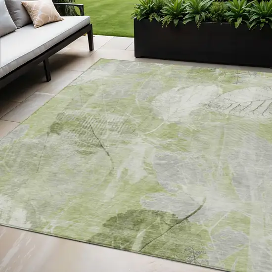 Artichoke Green And Ivory Floral Washable Indoor Outdoor Area Rug Photo 2
