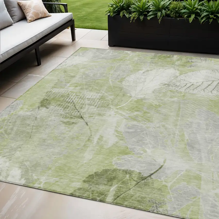 Artichoke Green And Ivory Floral Washable Indoor Outdoor Area Rug Photo 2