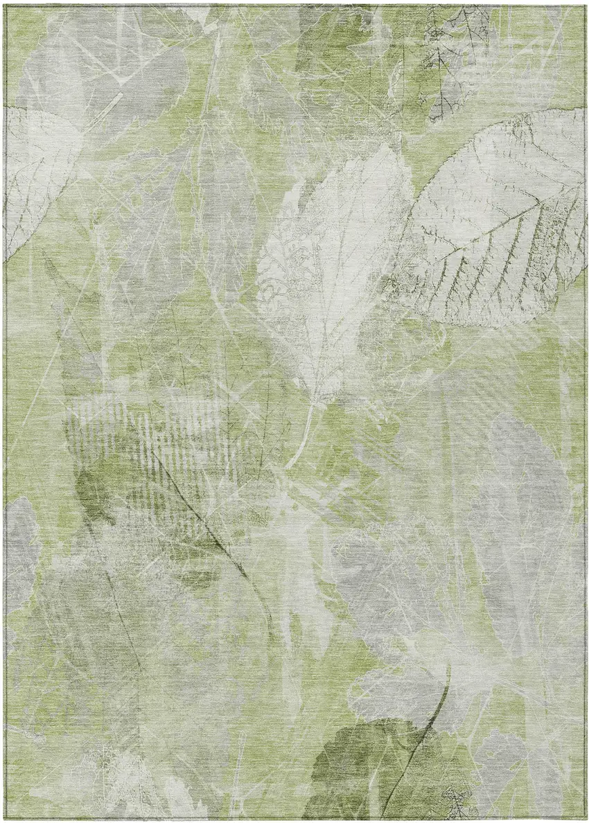 Artichoke Green And Ivory Floral Washable Indoor Outdoor Area Rug Photo 1